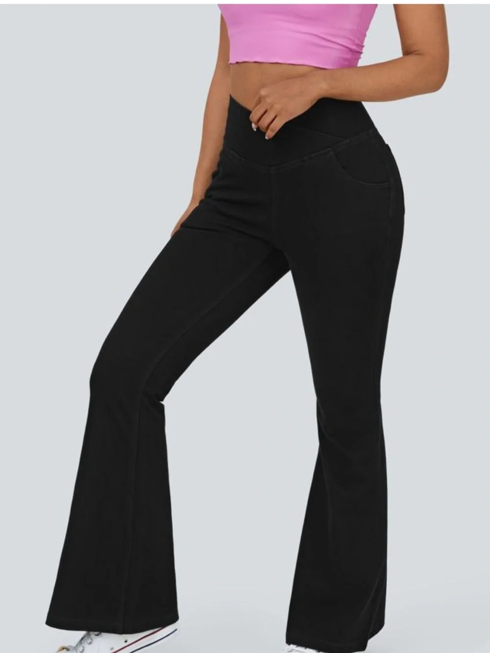 Halara Flex Black Denim Asymmetrical Waist Flare Jeans NWT L Tall